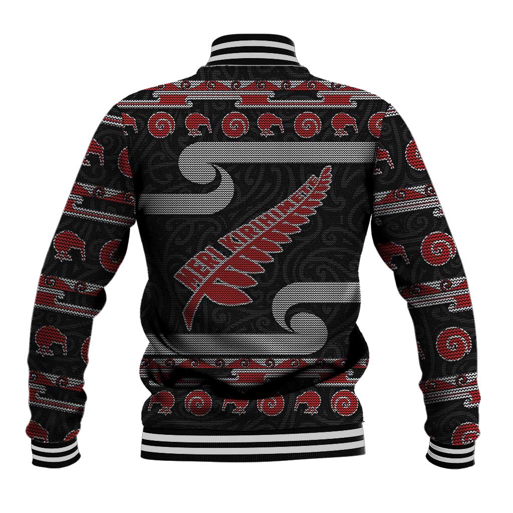 New Zealand Christmas Baseball Jacket Meri Kirihimete Silver Fern Knit Style Red Color - Polynesian Pride