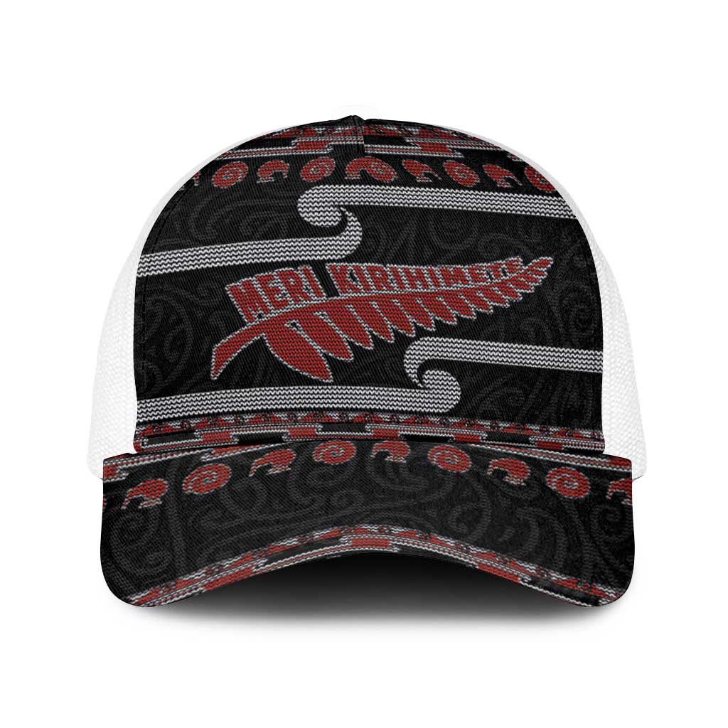 New Zealand Christmas Baseball Net Cap Meri Kirihimete Silver Fern Knit Style Red Color - Polynesian Pride
