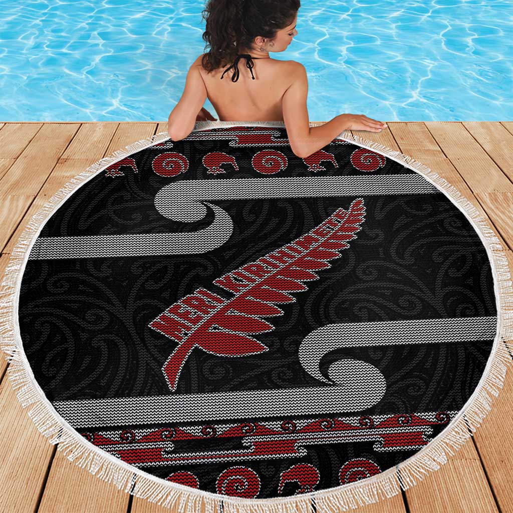 New Zealand Christmas Beach Blanket Meri Kirihimete Silver Fern Knit Style Red Color - Polynesian Pride