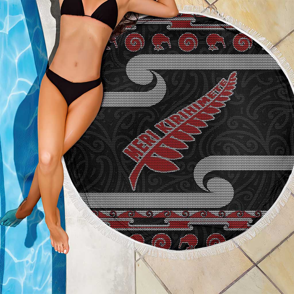 New Zealand Christmas Beach Blanket Meri Kirihimete Silver Fern Knit Style Red Color - Polynesian Pride