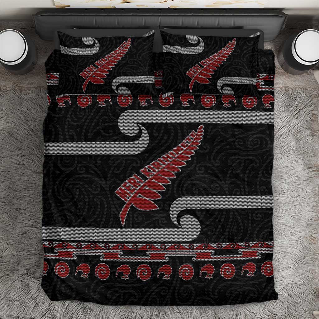 New Zealand Christmas Bedding Set Meri Kirihimete Silver Fern Knit Style Red Color - Polynesian Pride