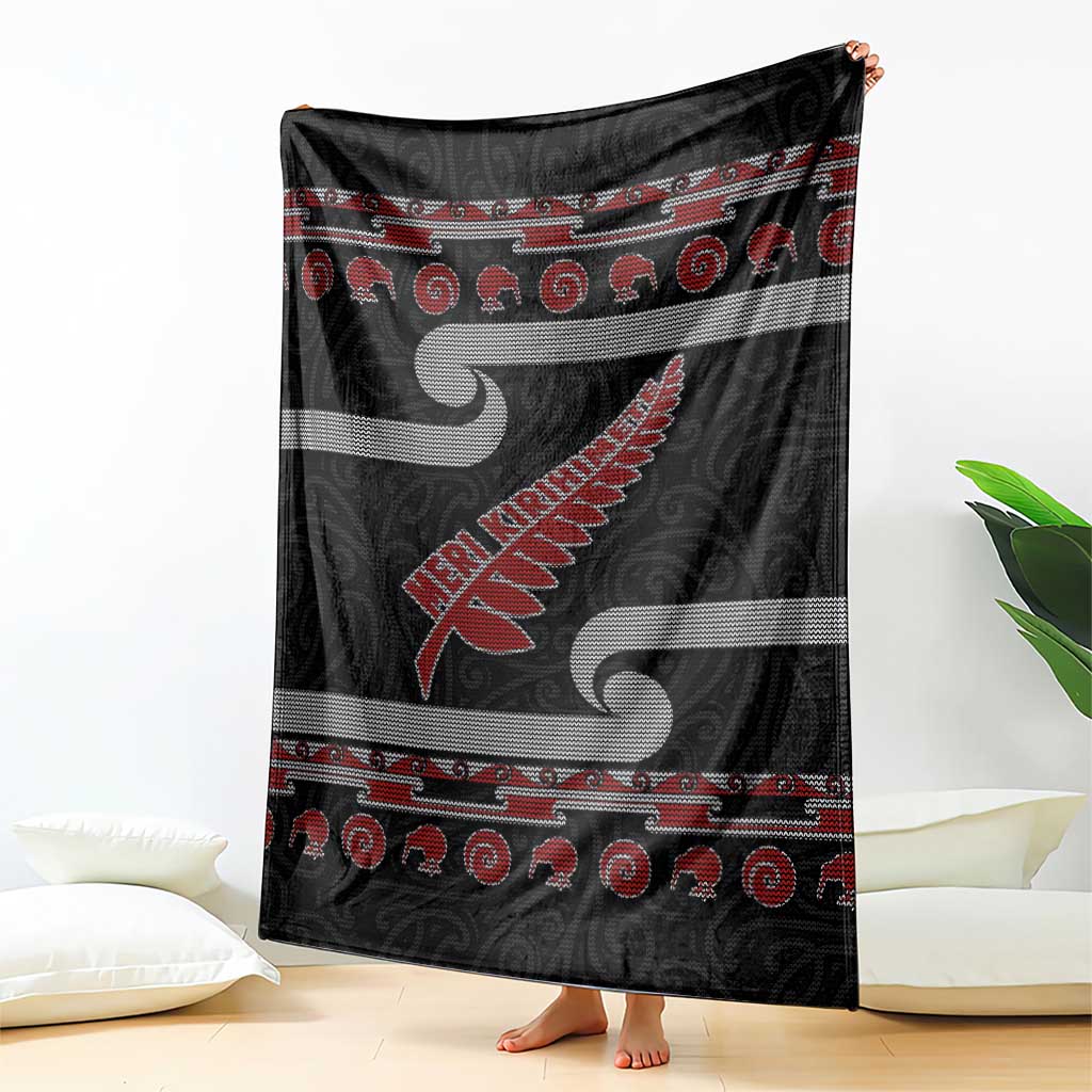 New Zealand Christmas Blanket Meri Kirihimete Silver Fern Knit Style Red Color - Polynesian Pride