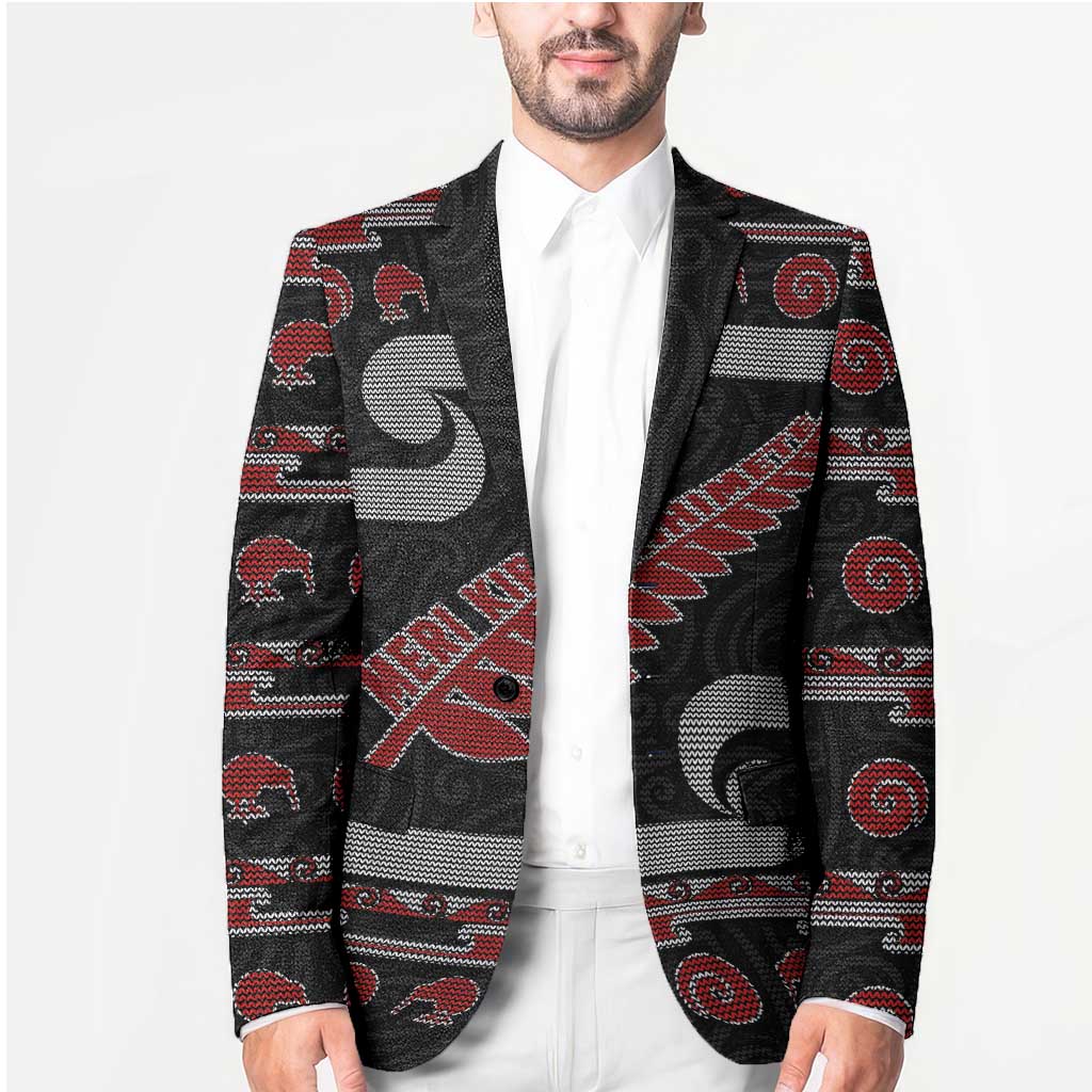 New Zealand Christmas Blazer Meri Kirihimete Silver Fern Knit Style Red Color - Polynesian Pride