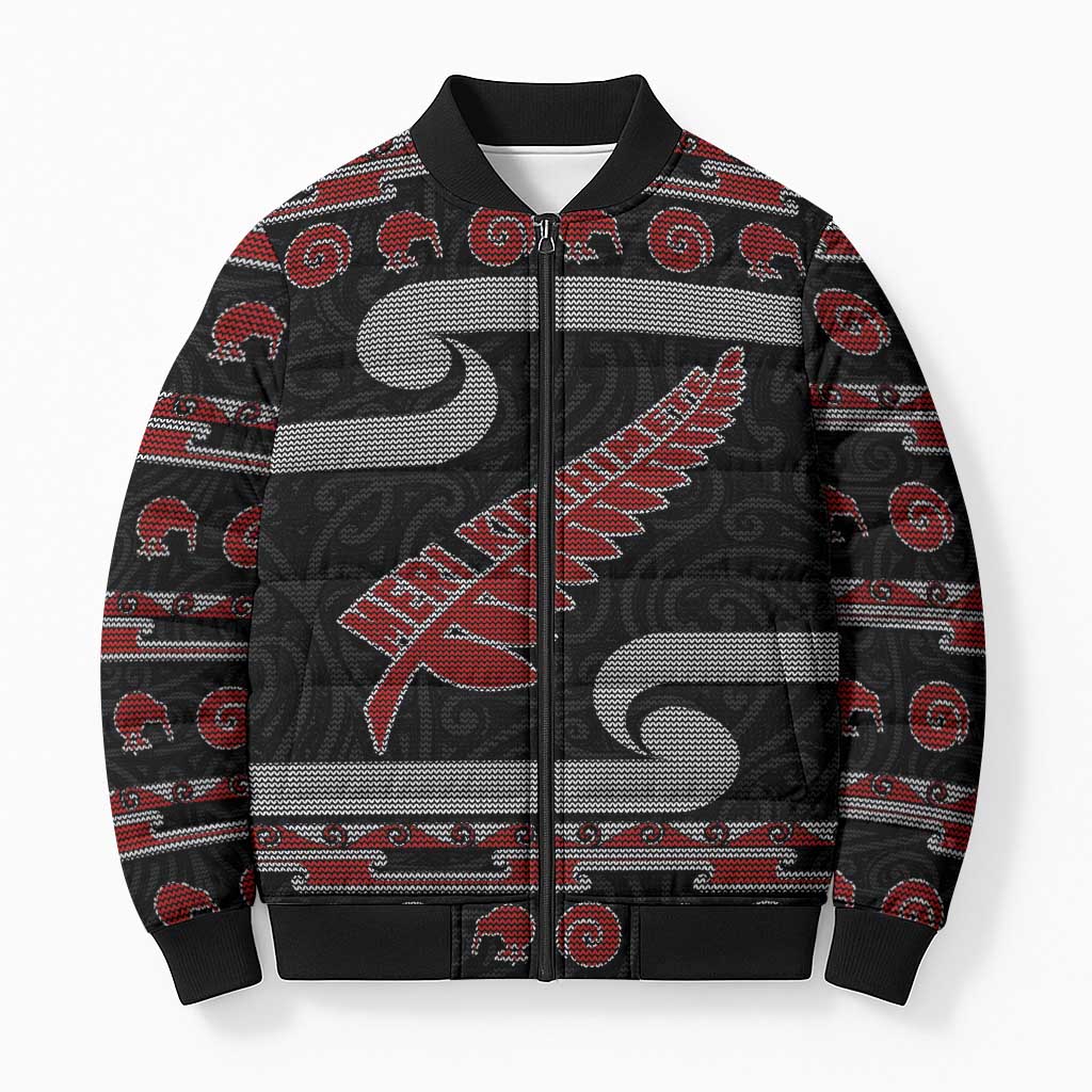New Zealand Christmas Bomber Puffer Jacket Meri Kirihimete Silver Fern Knit Style Red Color - Polynesian Pride