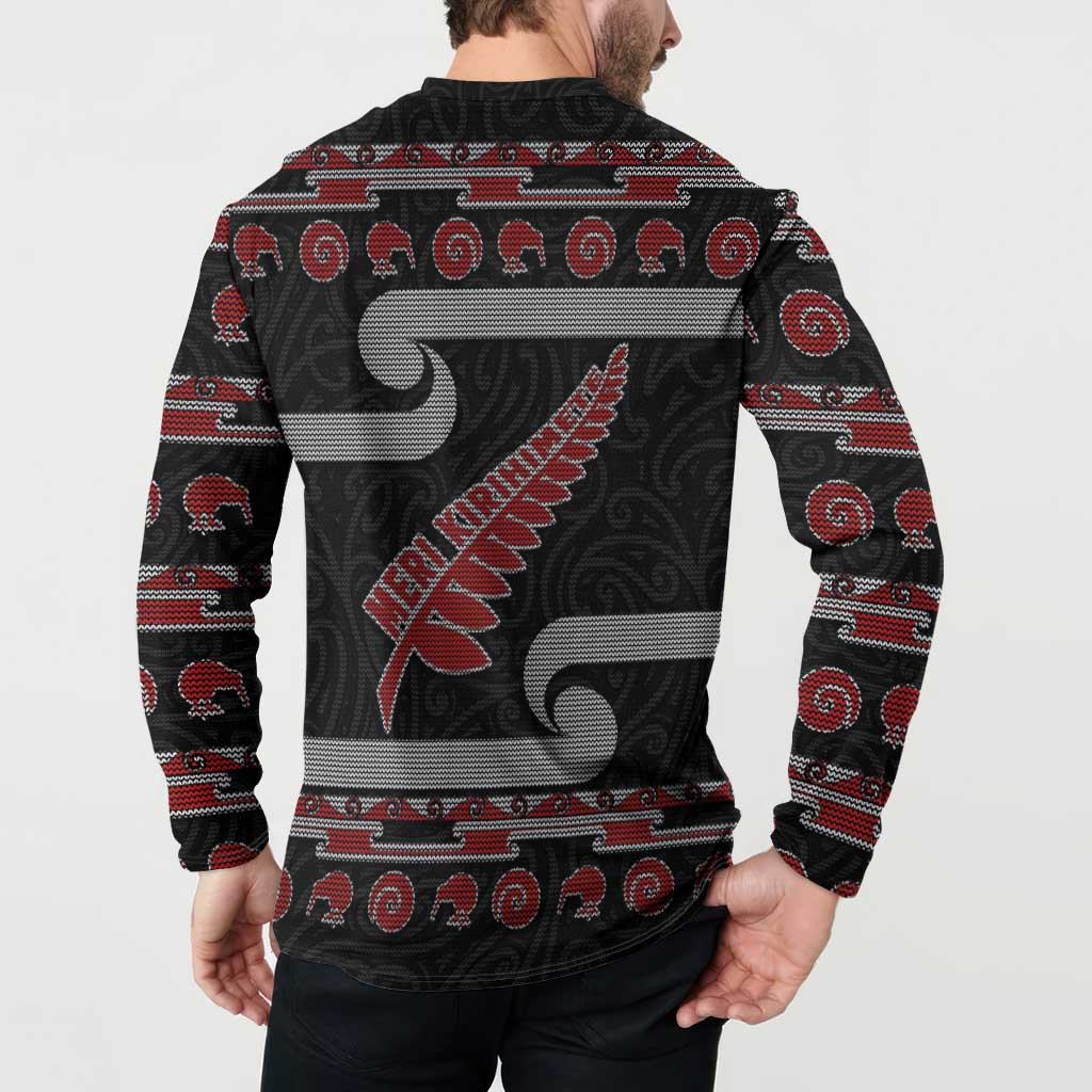 New Zealand Christmas Button Sweatshirt Meri Kirihimete Silver Fern Knit Style Red Color - Polynesian Pride