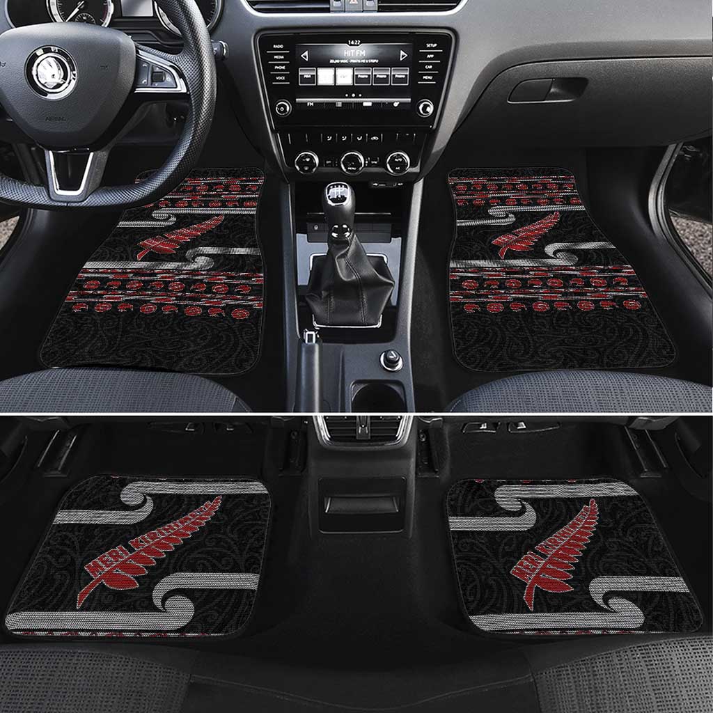 New Zealand Christmas Car Mats Meri Kirihimete Silver Fern Knit Style Red Color - Polynesian Pride