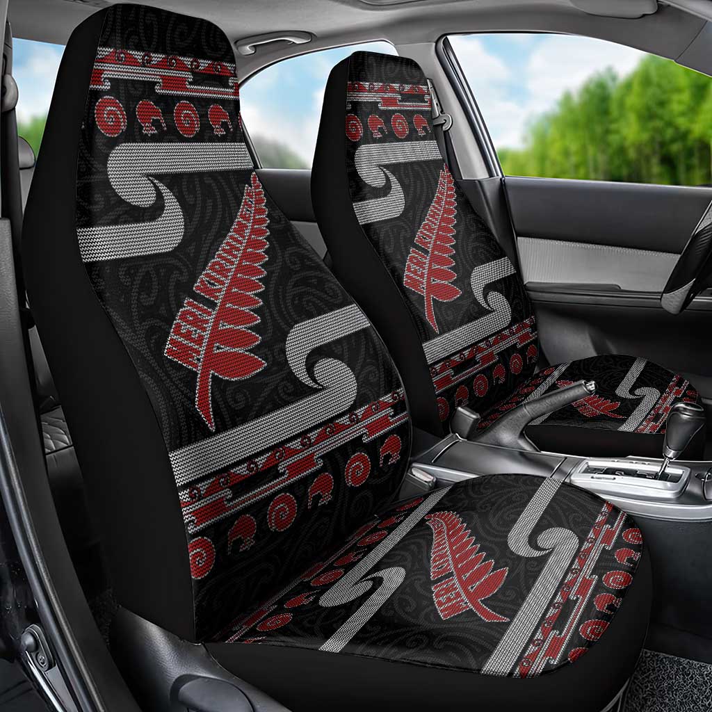 New Zealand Christmas Car Seat Cover Meri Kirihimete Silver Fern Knit Style Red Color - Polynesian Pride