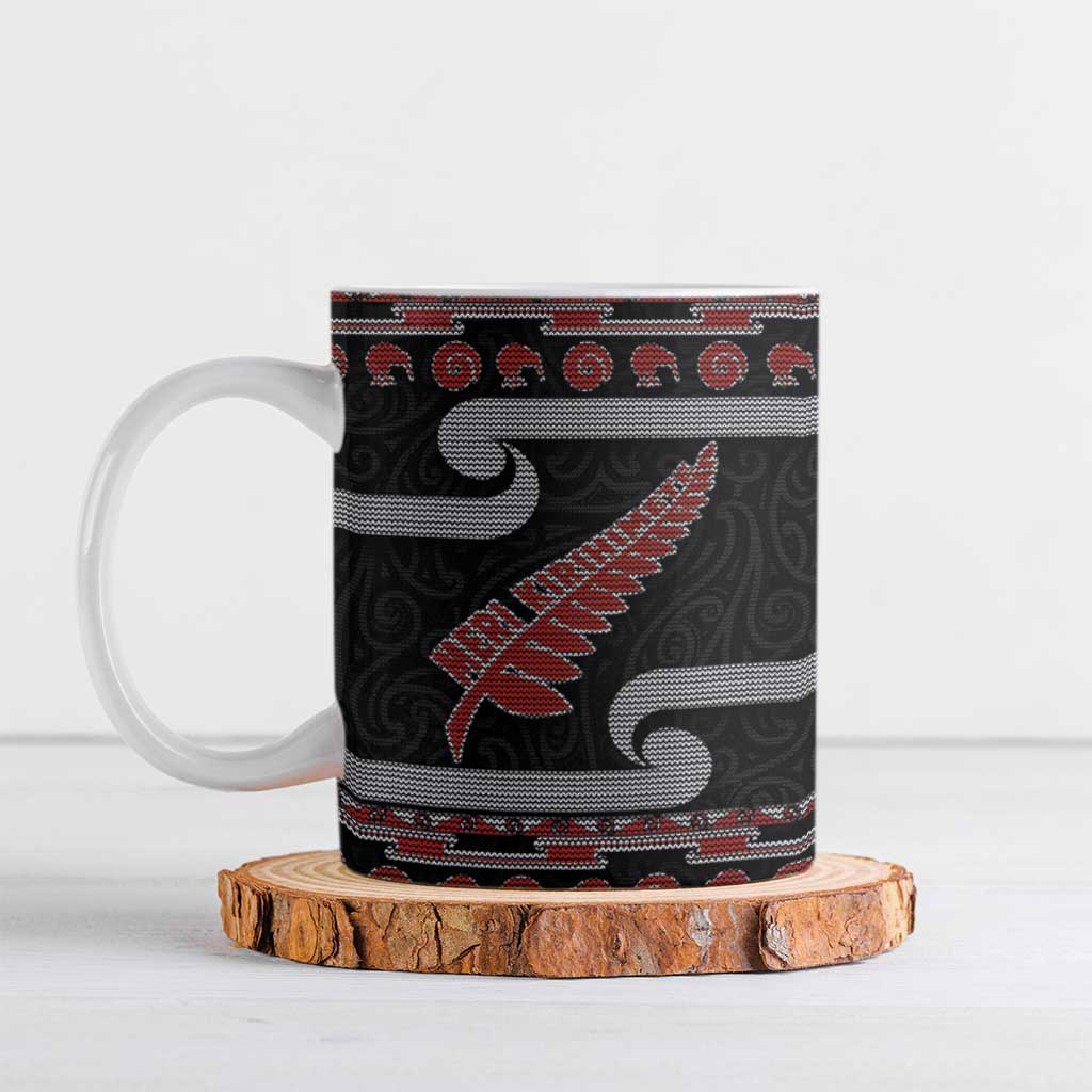 New Zealand Christmas Ceramic Mug Meri Kirihimete Silver Fern Knit Style Red Color - Polynesian Pride