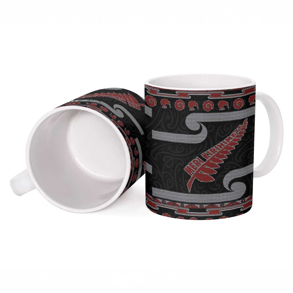 New Zealand Christmas Ceramic Mug Meri Kirihimete Silver Fern Knit Style Red Color - Polynesian Pride