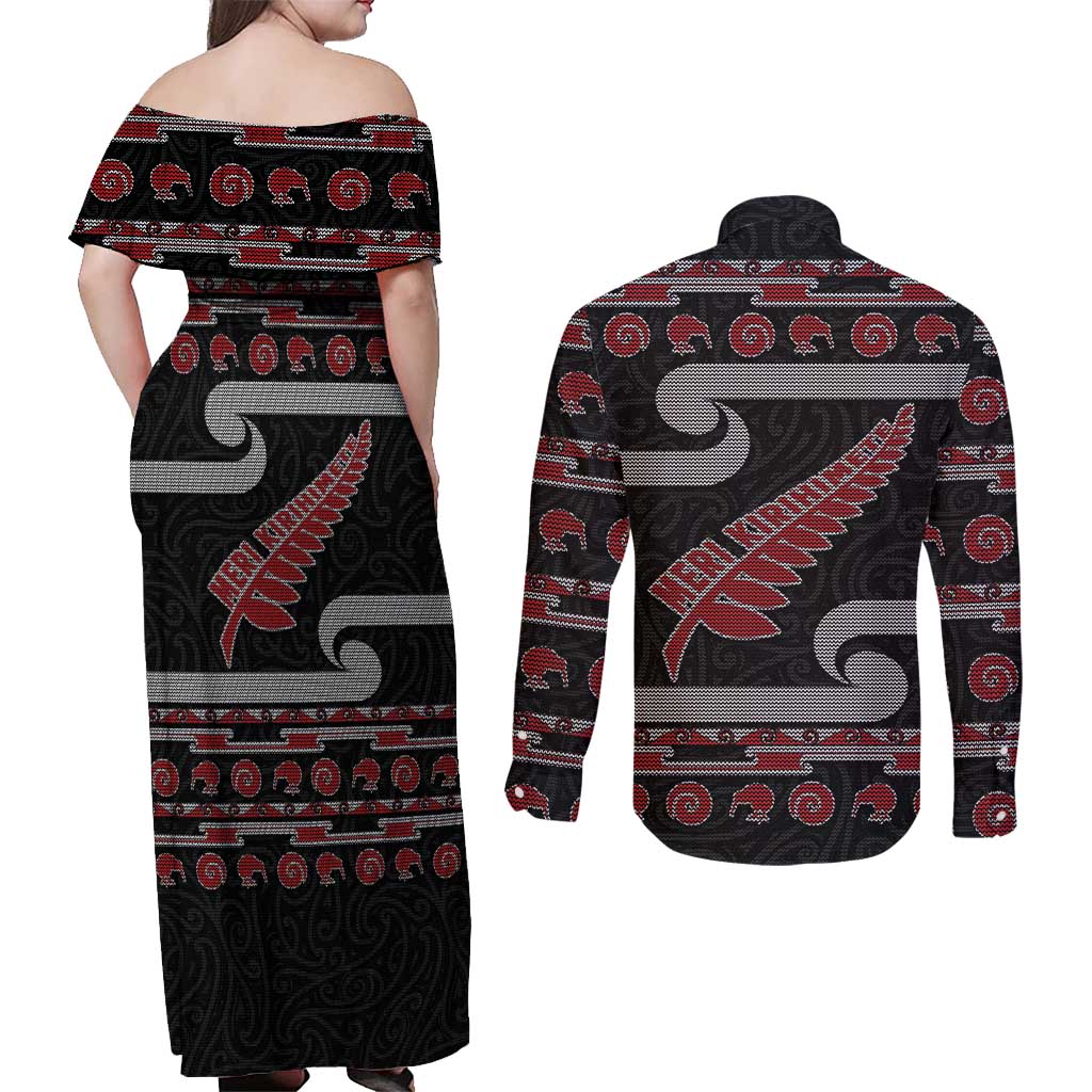 New Zealand Christmas Couples Matching Off Shoulder Maxi Dress and Long Sleeve Button Shirt Meri Kirihimete Silver Fern Knit Style Red Color - Polynesian Pride
