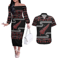 New Zealand Christmas Couples Matching Off The Shoulder Long Sleeve Dress and Hawaiian Shirt Meri Kirihimete Silver Fern Knit Style Red Color - Polynesian Pride