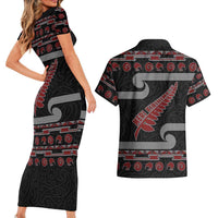 New Zealand Christmas Couples Matching Short Sleeve Bodycon Dress and Hawaiian Shirt Meri Kirihimete Silver Fern Knit Style Red Color - Polynesian Pride