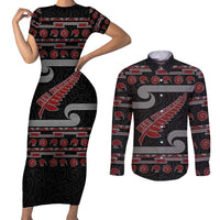 New Zealand Christmas Couples Matching Short Sleeve Bodycon Dress and Long Sleeve Button Shirt Meri Kirihimete Silver Fern Knit Style Red Color - Polynesian Pride
