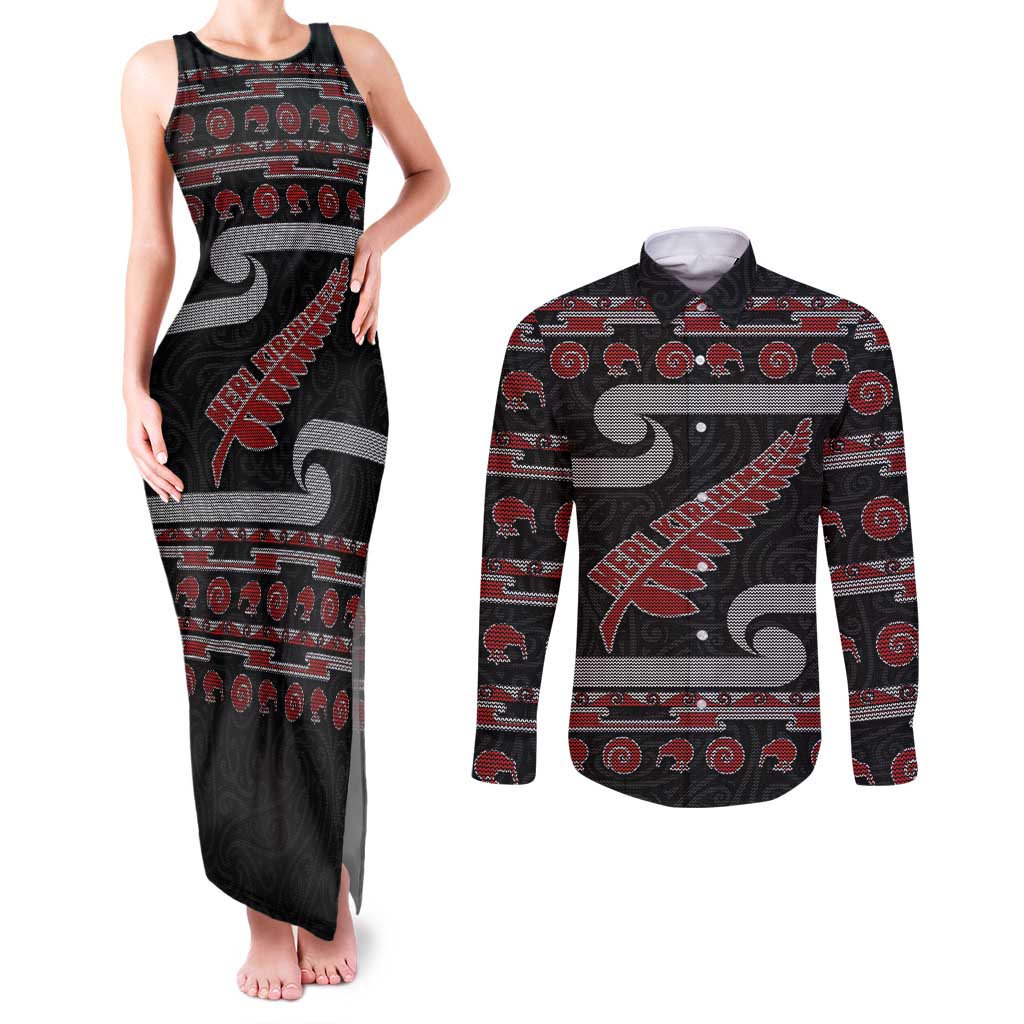 New Zealand Christmas Couples Matching Tank Maxi Dress and Long Sleeve Button Shirt Meri Kirihimete Silver Fern Knit Style Red Color - Polynesian Pride