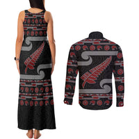 New Zealand Christmas Couples Matching Tank Maxi Dress and Long Sleeve Button Shirt Meri Kirihimete Silver Fern Knit Style Red Color - Polynesian Pride