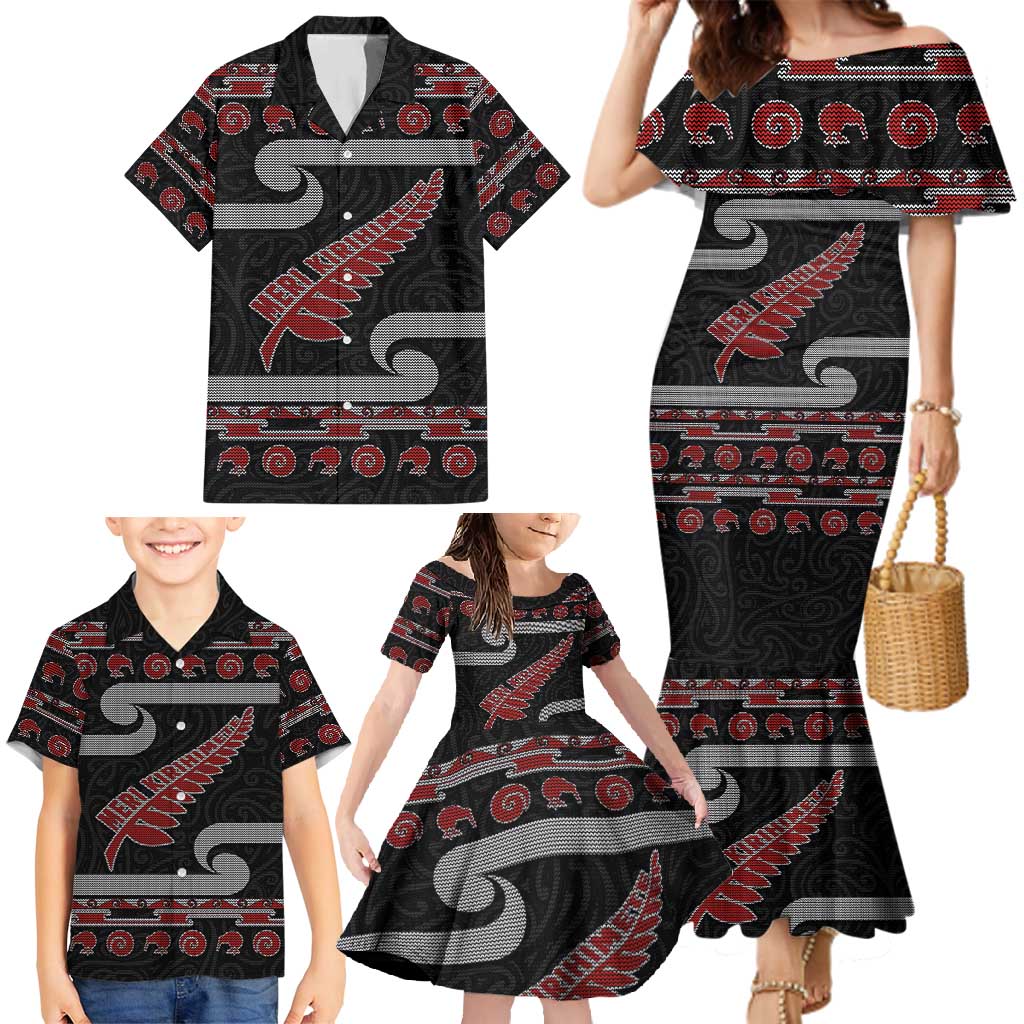 New Zealand Christmas Family Matching Mermaid Dress and Hawaiian Shirt Meri Kirihimete Silver Fern Knit Style Red Color - Polynesian Pride
