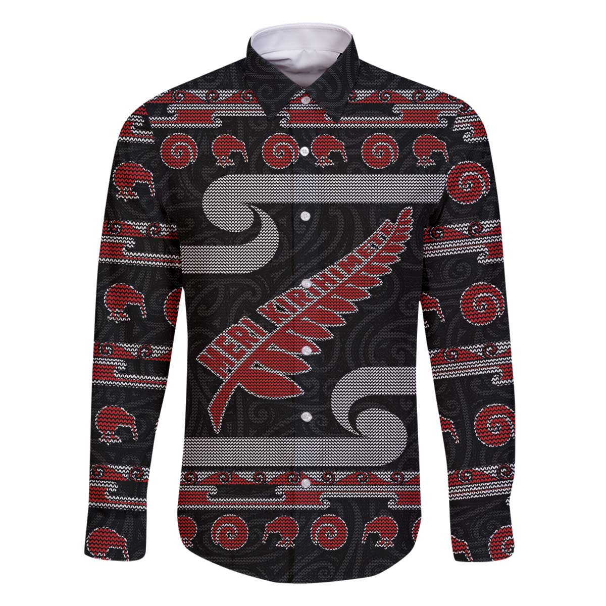 New Zealand Christmas Family Matching Off The Shoulder Long Sleeve Dress and Hawaiian Shirt Meri Kirihimete Silver Fern Knit Style Red Color - Polynesian Pride
