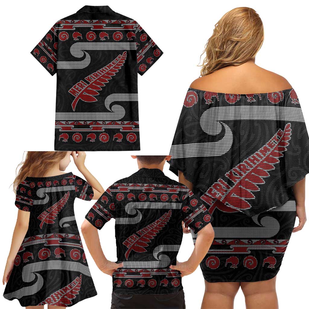 New Zealand Christmas Family Matching Off Shoulder Short Dress and Hawaiian Shirt Meri Kirihimete Silver Fern Knit Style Red Color - Polynesian Pride