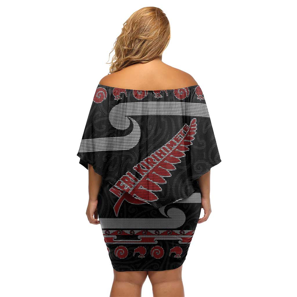 New Zealand Christmas Family Matching Off Shoulder Short Dress and Hawaiian Shirt Meri Kirihimete Silver Fern Knit Style Red Color - Polynesian Pride