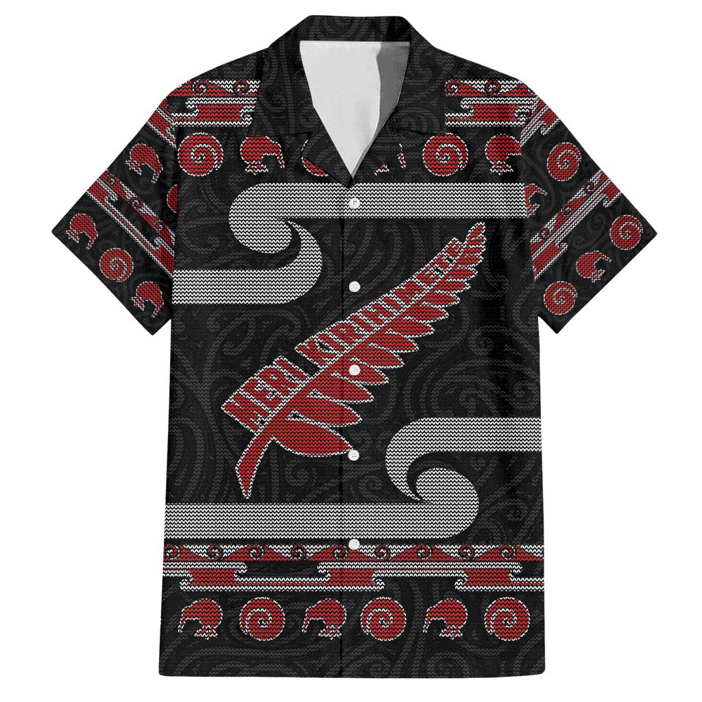 New Zealand Christmas Family Matching Puletasi and Hawaiian Shirt Meri Kirihimete Silver Fern Knit Style Red Color - Polynesian Pride