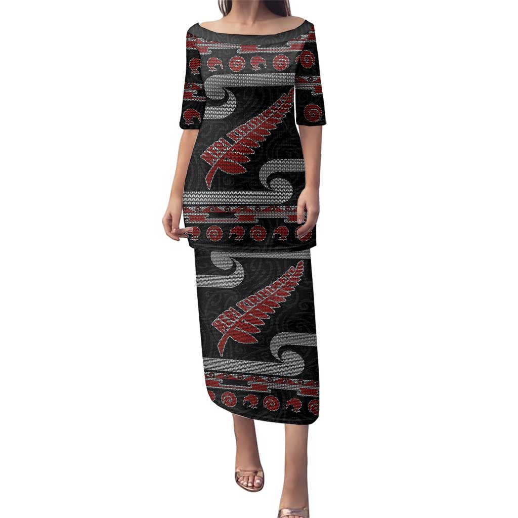 New Zealand Christmas Family Matching Puletasi and Hawaiian Shirt Meri Kirihimete Silver Fern Knit Style Red Color - Polynesian Pride