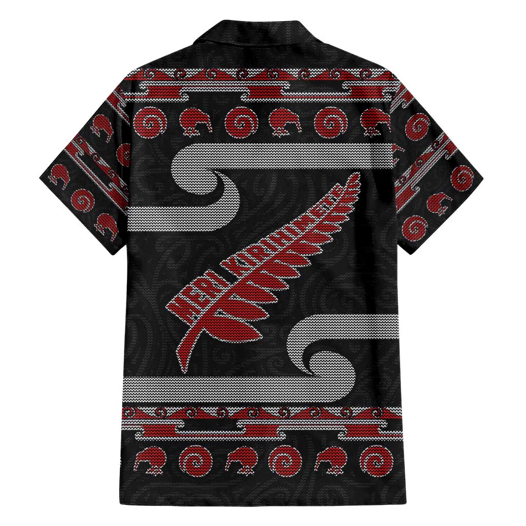 New Zealand Christmas Family Matching Short Sleeve Bodycon Dress and Hawaiian Shirt Meri Kirihimete Silver Fern Knit Style Red Color - Polynesian Pride