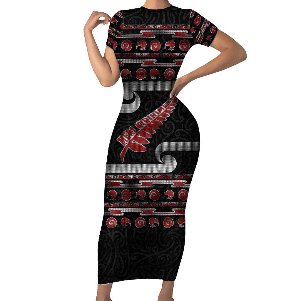 New Zealand Christmas Family Matching Short Sleeve Bodycon Dress and Hawaiian Shirt Meri Kirihimete Silver Fern Knit Style Red Color - Polynesian Pride