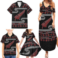 New Zealand Christmas Family Matching Summer Maxi Dress and Hawaiian Shirt Meri Kirihimete Silver Fern Knit Style Red Color - Polynesian Pride