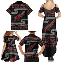 New Zealand Christmas Family Matching Summer Maxi Dress and Hawaiian Shirt Meri Kirihimete Silver Fern Knit Style Red Color - Polynesian Pride
