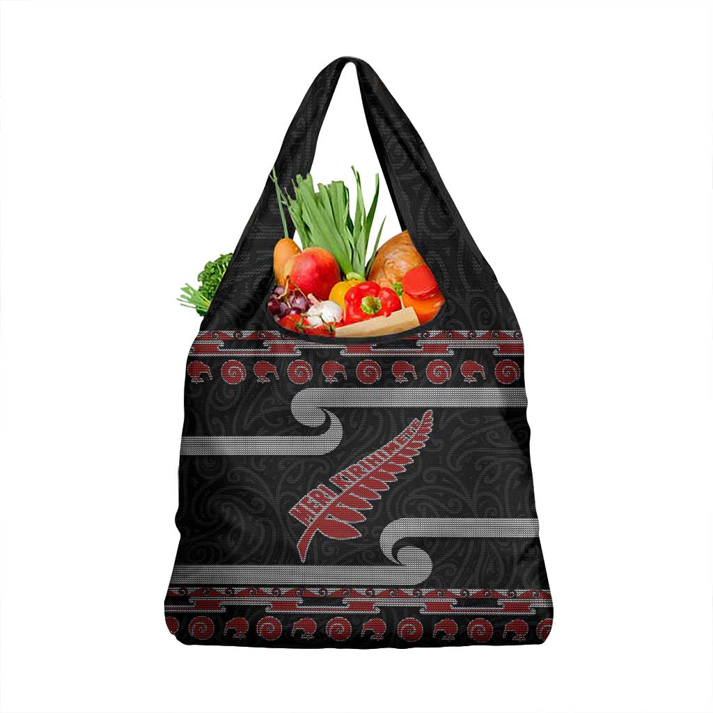 New Zealand Christmas Grocery Bag Meri Kirihimete Silver Fern Knit Style Red Color - Polynesian Pride