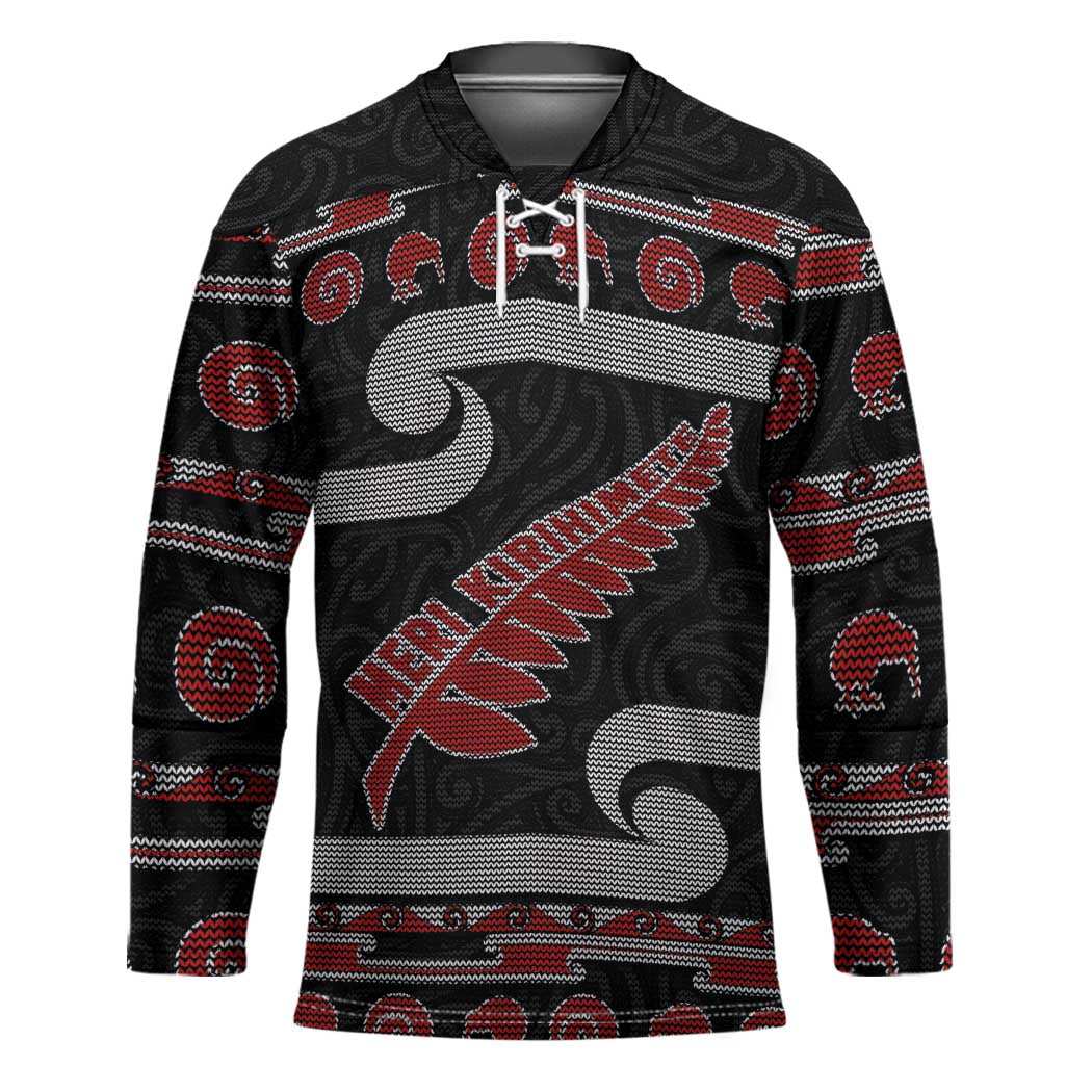 New Zealand Christmas Hockey Jersey Meri Kirihimete Silver Fern Knit Style Red Color - Polynesian Pride
