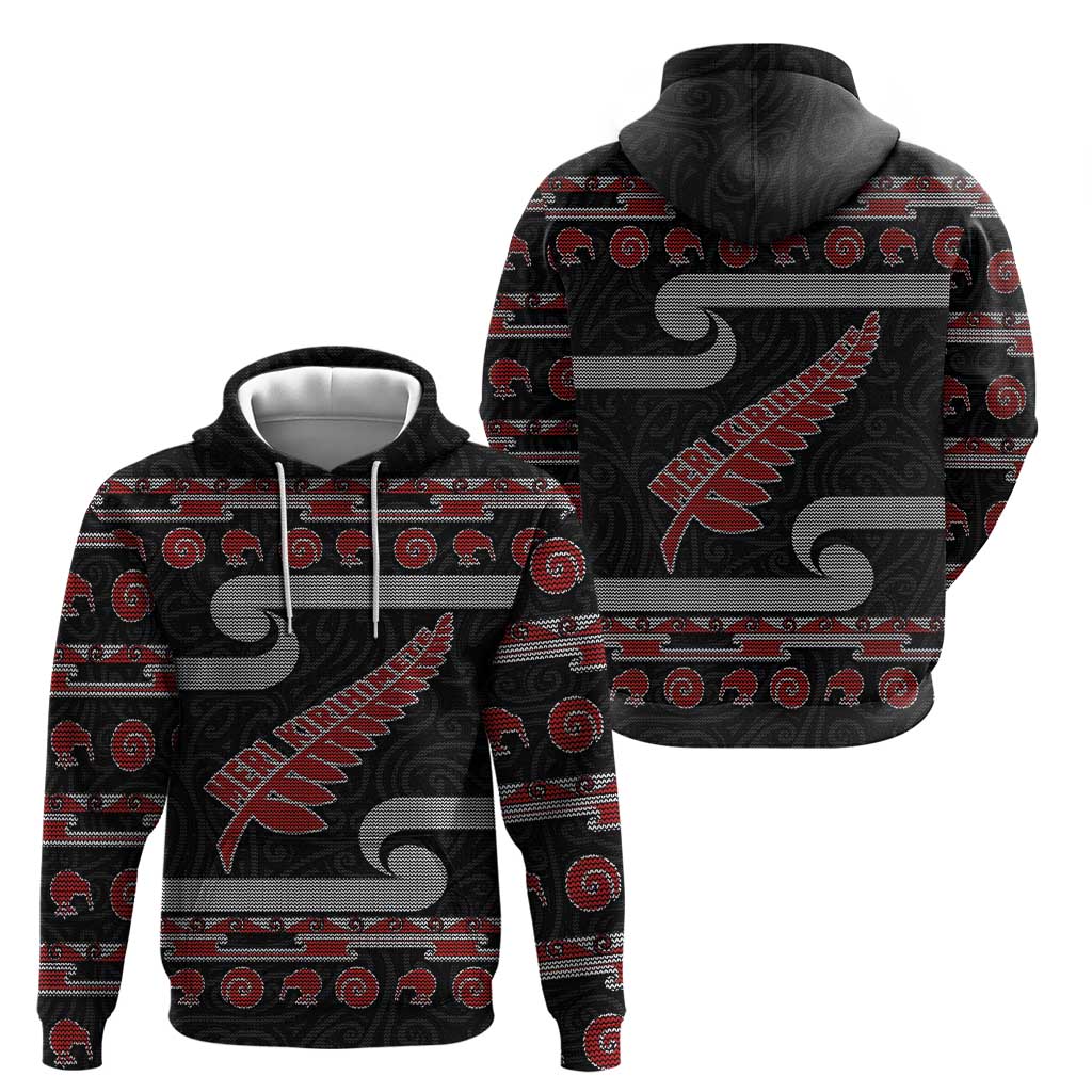 New Zealand Christmas Hoodie Meri Kirihimete Silver Fern Knit Style Red Color - Polynesian Pride