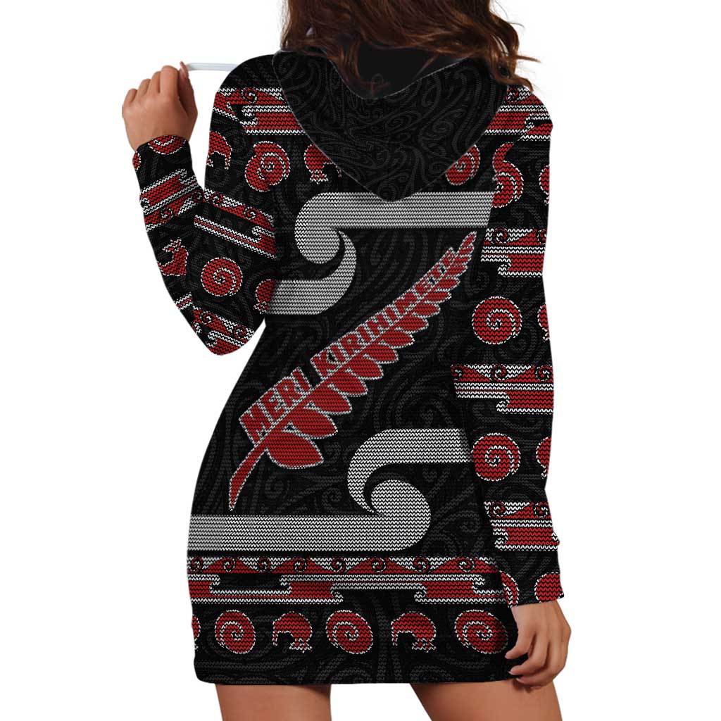 New Zealand Christmas Hoodie Dress Meri Kirihimete Silver Fern Knit Style Red Color - Polynesian Pride