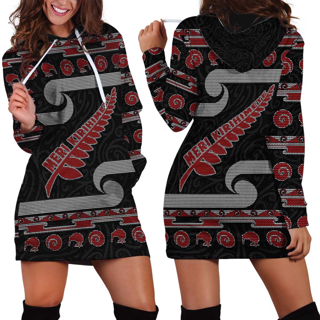New Zealand Christmas Hoodie Dress Meri Kirihimete Silver Fern Knit Style Red Color - Polynesian Pride