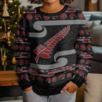 New Zealand Christmas Kid Ugly Christmas Sweater Meri Kirihimete Silver Fern Knit Style Red Color - Polynesian Pride
