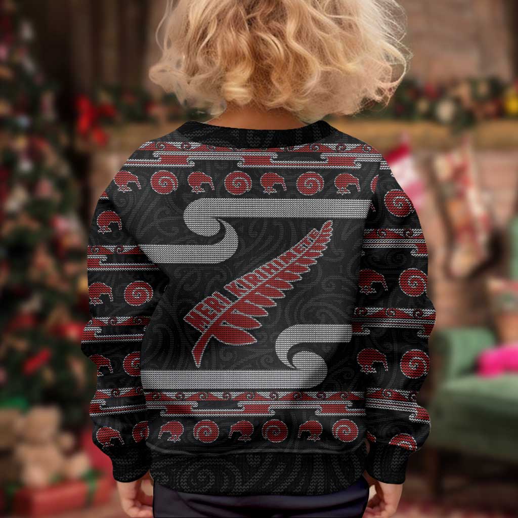 New Zealand Christmas Kid Ugly Christmas Sweater Meri Kirihimete Silver Fern Knit Style Red Color - Polynesian Pride