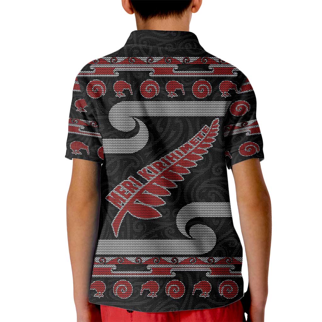 New Zealand Christmas Kid Polo Shirt Meri Kirihimete Silver Fern Knit Style Red Color - Polynesian Pride