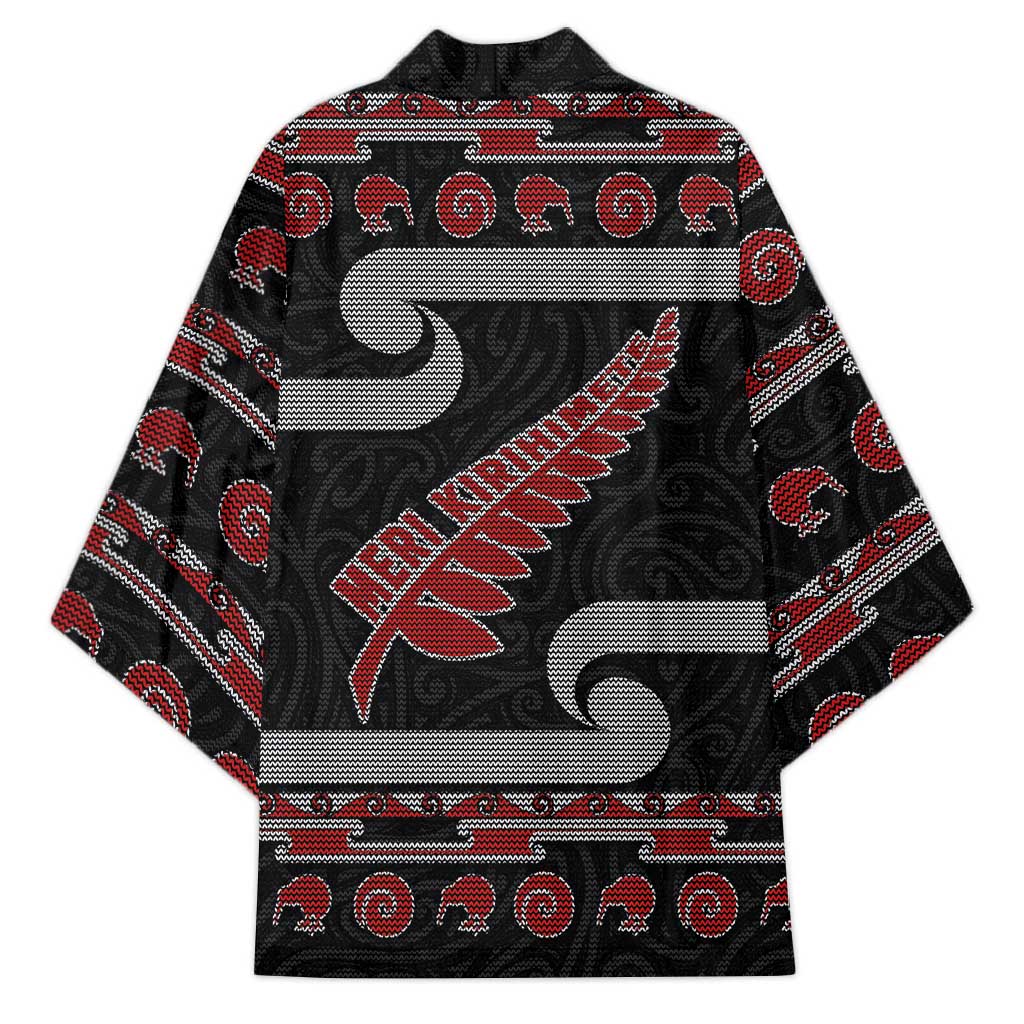 New Zealand Christmas Kimono Meri Kirihimete Silver Fern Knit Style Red Color - Polynesian Pride