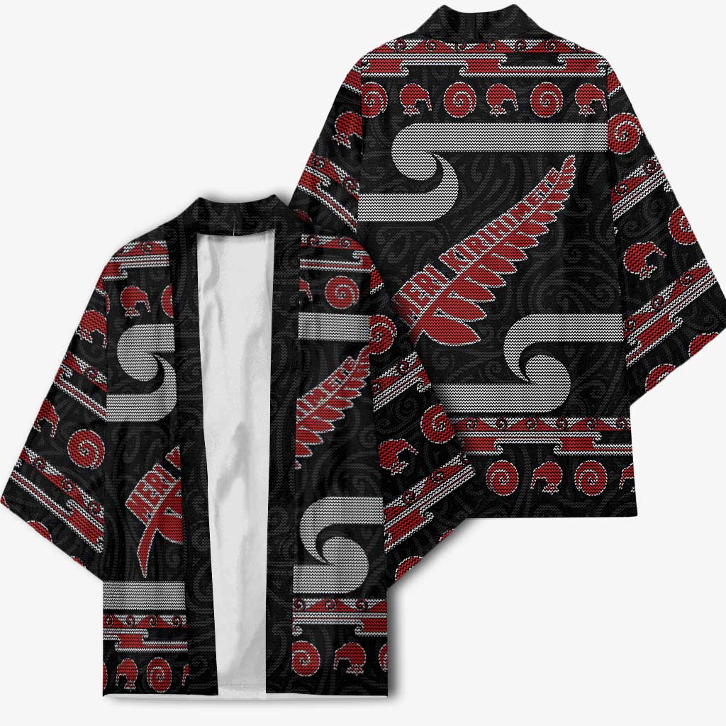 New Zealand Christmas Kimono Meri Kirihimete Silver Fern Knit Style Red Color - Polynesian Pride