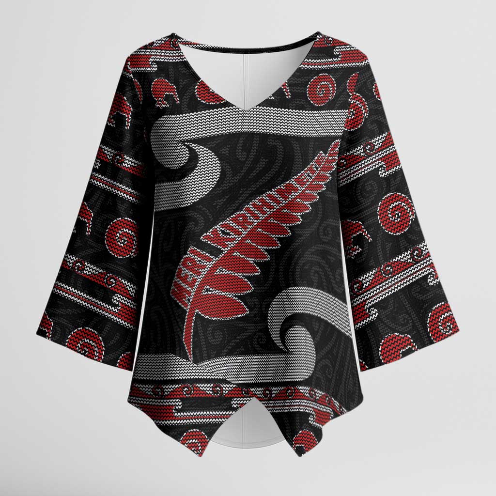 New Zealand Christmas Kimono Sleeve Blouse Meri Kirihimete Silver Fern Knit Style Red Color - Polynesian Pride