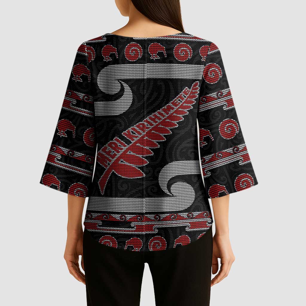 New Zealand Christmas Kimono Sleeve Blouse Meri Kirihimete Silver Fern Knit Style Red Color - Polynesian Pride