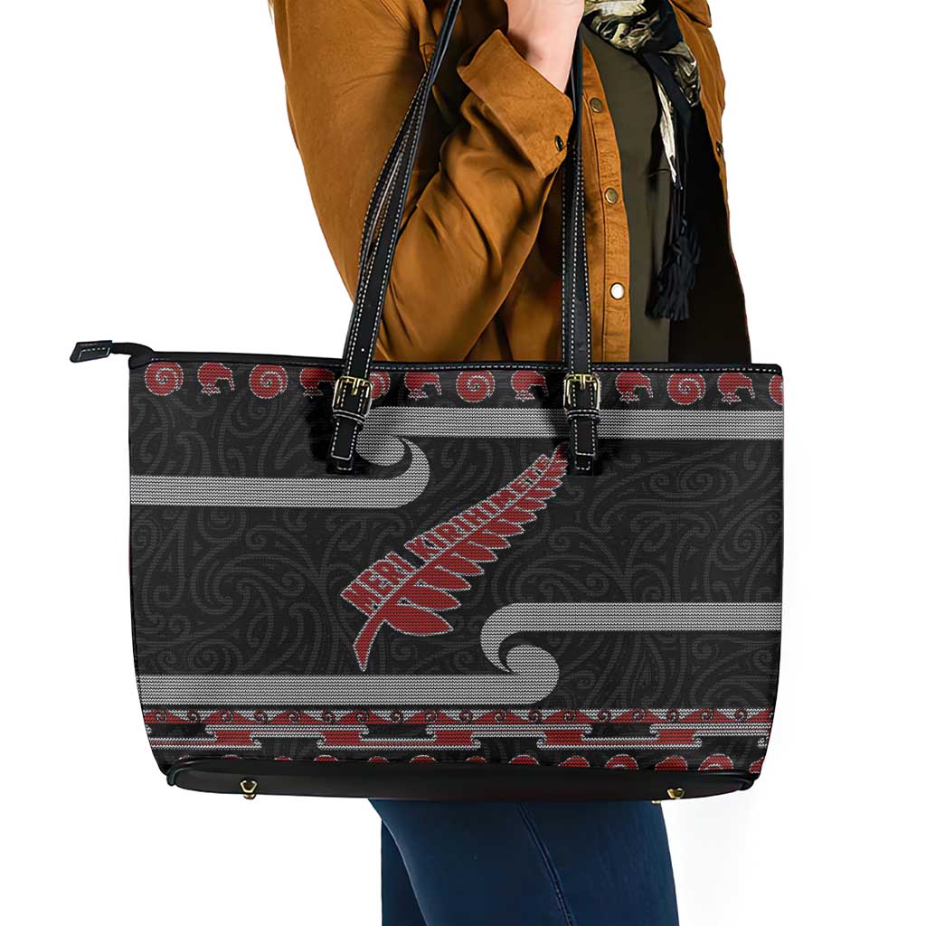 New Zealand Christmas Leather Tote Bag Meri Kirihimete Silver Fern Knit Style Red Color - Polynesian Pride
