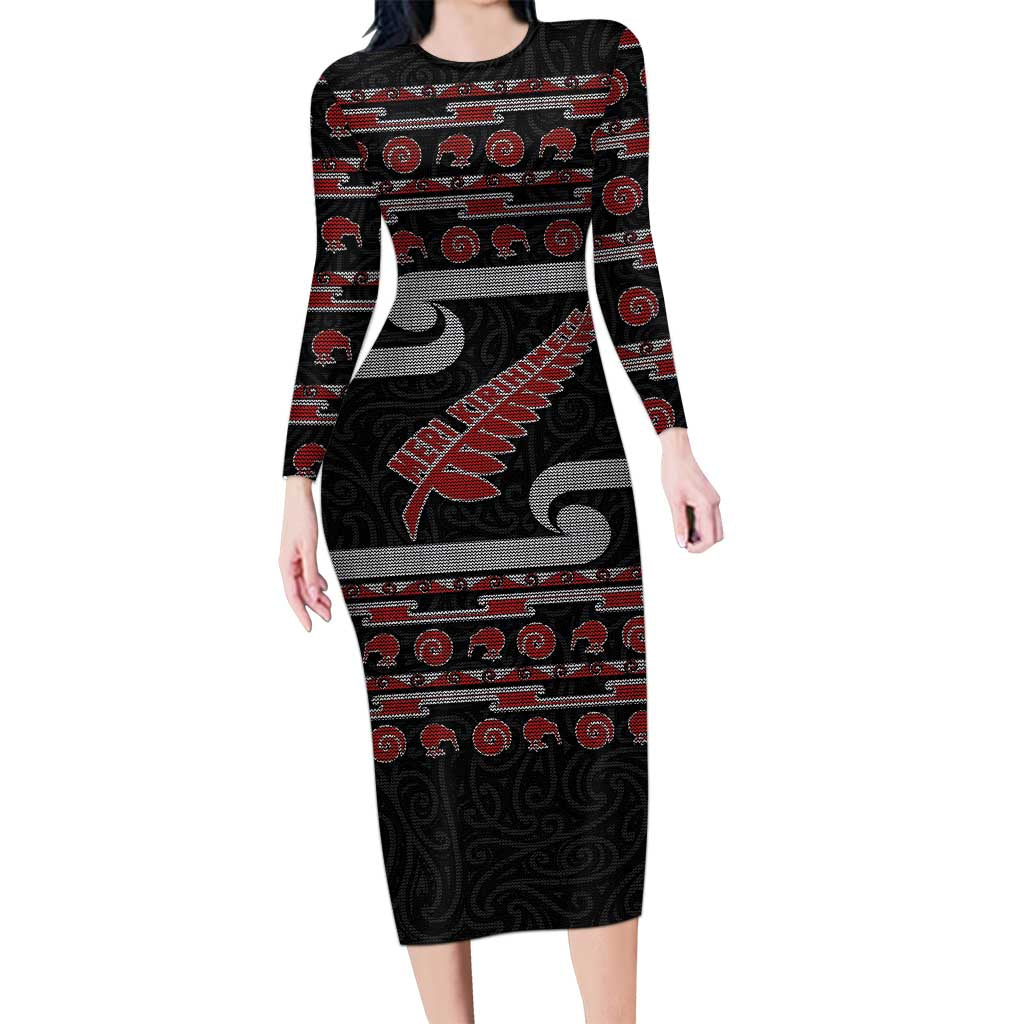 New Zealand Christmas Long Sleeve Bodycon Dress Meri Kirihimete Silver Fern Knit Style Red Color - Polynesian Pride