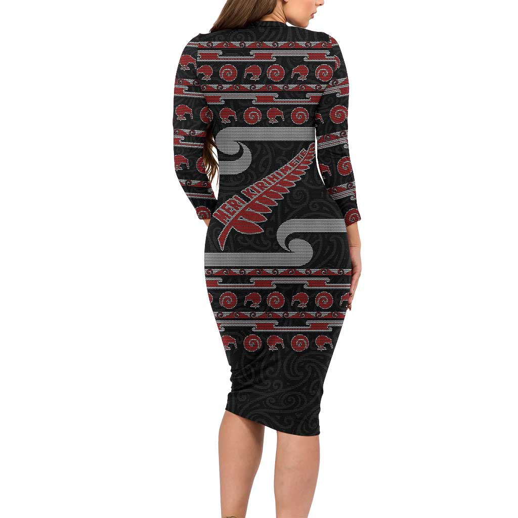 New Zealand Christmas Long Sleeve Bodycon Dress Meri Kirihimete Silver Fern Knit Style Red Color - Polynesian Pride