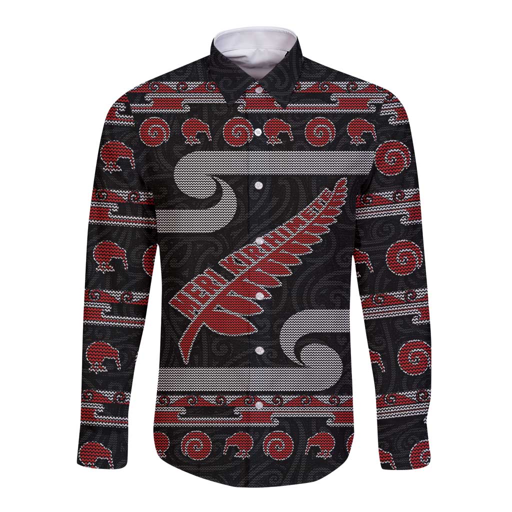 New Zealand Christmas Long Sleeve Button Shirt Meri Kirihimete Silver Fern Knit Style Red Color - Polynesian Pride