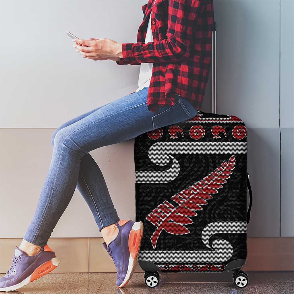New Zealand Christmas Luggage Cover Meri Kirihimete Silver Fern Knit Style Red Color - Polynesian Pride