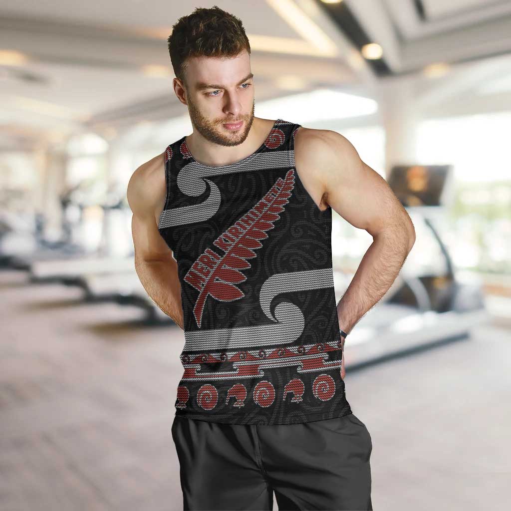 New Zealand Christmas Men Tank Top Meri Kirihimete Silver Fern Knit Style Red Color - Polynesian Pride