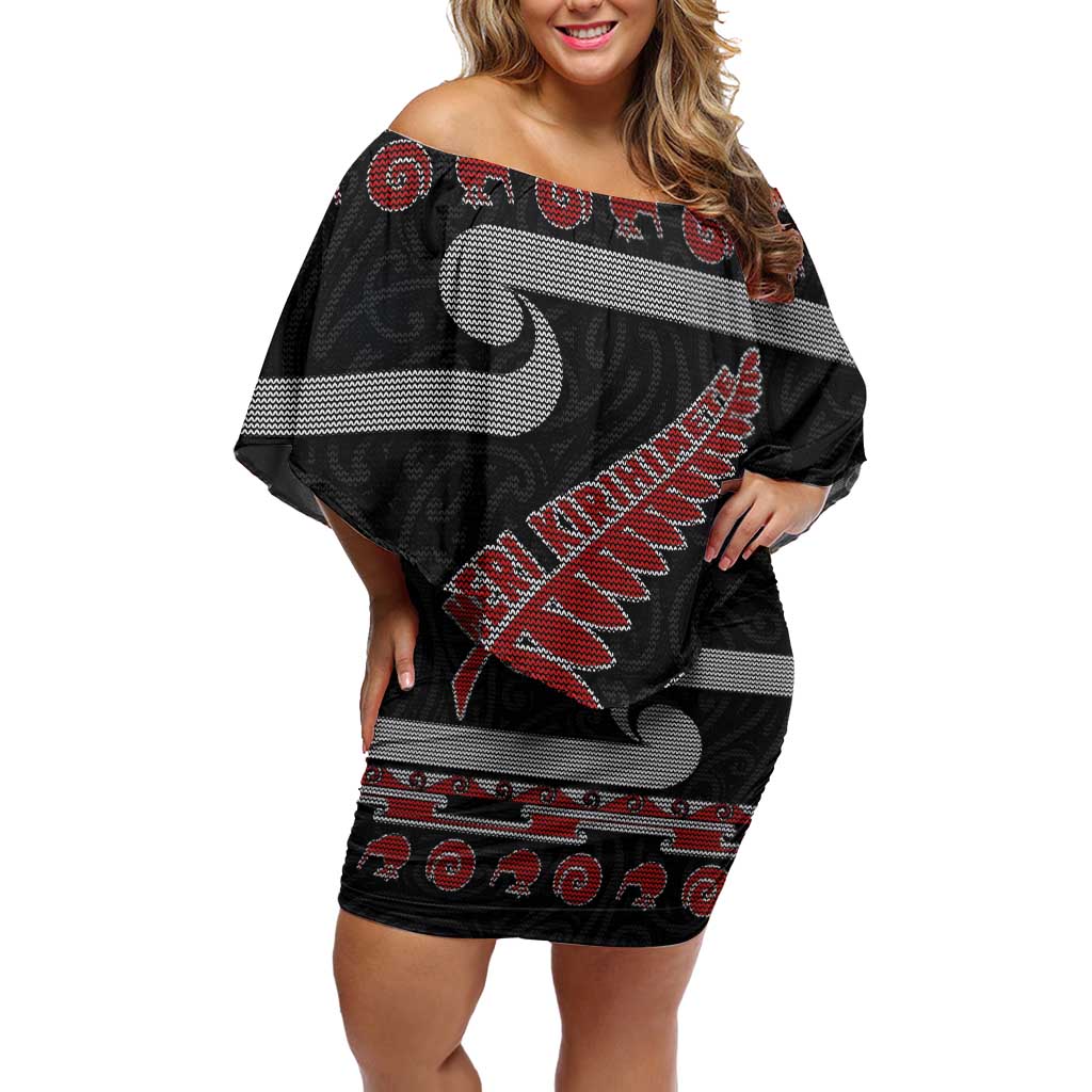New Zealand Christmas Off Shoulder Short Dress Meri Kirihimete Silver Fern Knit Style Red Color - Polynesian Pride
