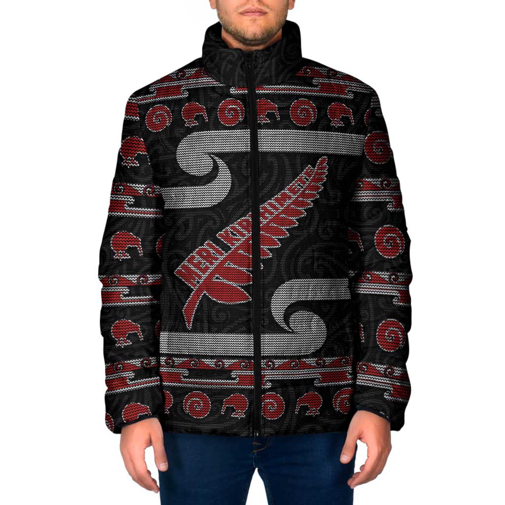 New Zealand Christmas Padded Jacket Meri Kirihimete Silver Fern Knit Style Red Color - Polynesian Pride
