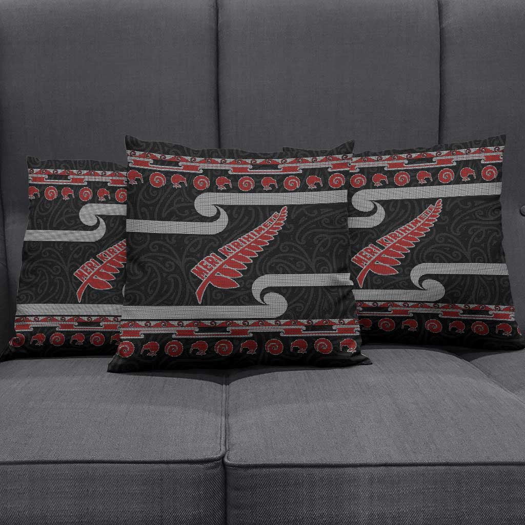 New Zealand Christmas Pillow Cover Meri Kirihimete Silver Fern Knit Style Red Color - Polynesian Pride